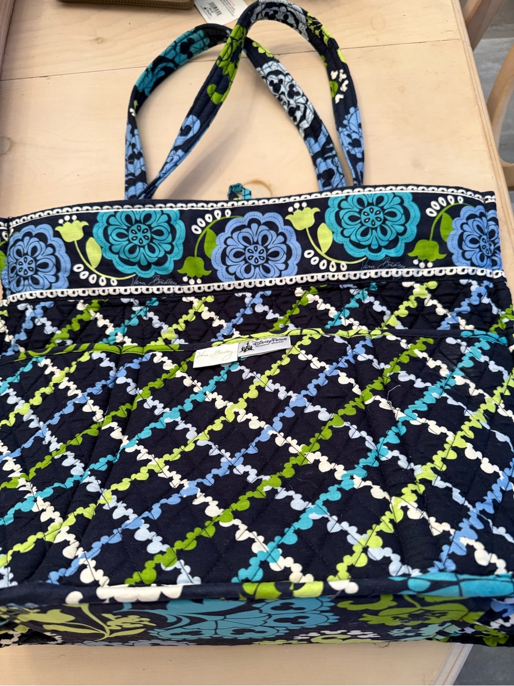 Vera Bradley Navy Blue Quilted Tote with Teal & Lime Floral Pattern